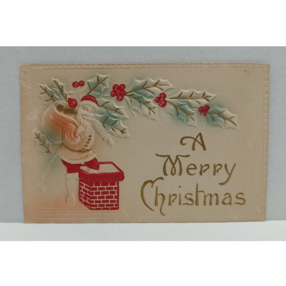 Antique Christmas Postcard Santa Claus Holly Berries Embossed Posted Divided